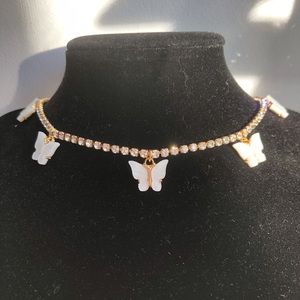 Rhinestone White Butterfly Choker Necklace
